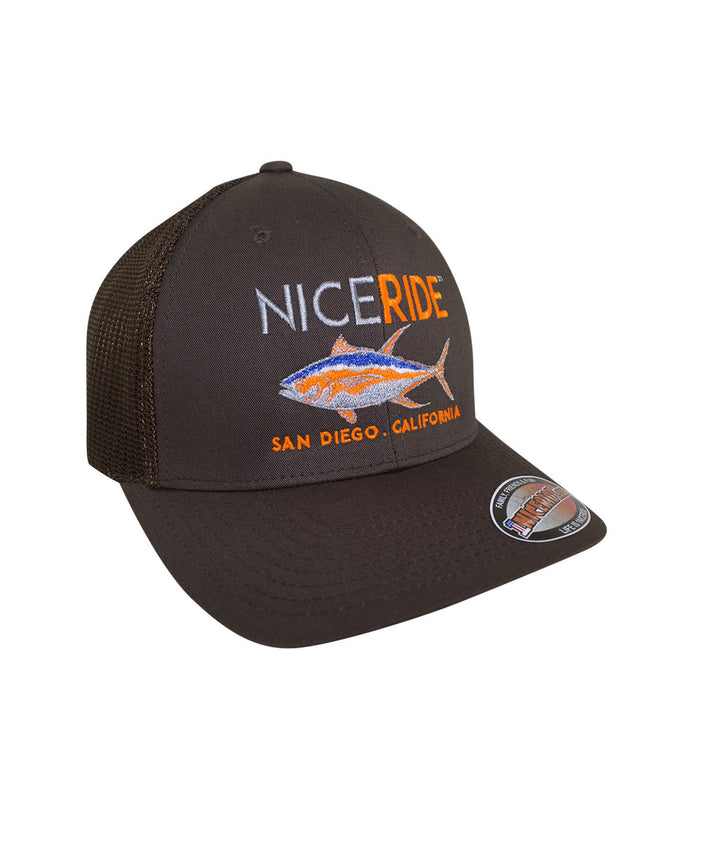 Brown meshback Flexfit hat with NICERIDE logo and fish design, embroidered, perfect for outdoor activities.