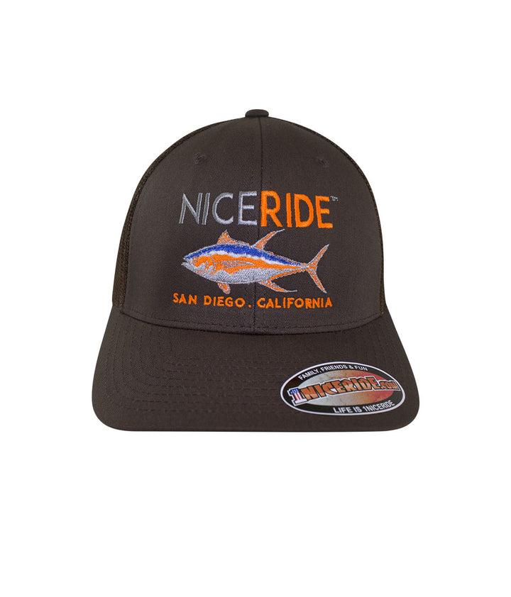 Brown NICERIDE hat with embroidered shark design, perfect for outdoor enthusiasts.
