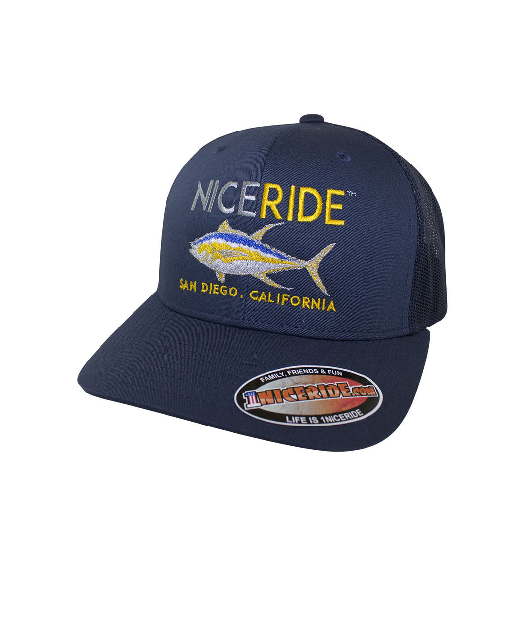 Nice Ride trucker hat featuring San Diego, California embroidered design and yellow fish graphic.
