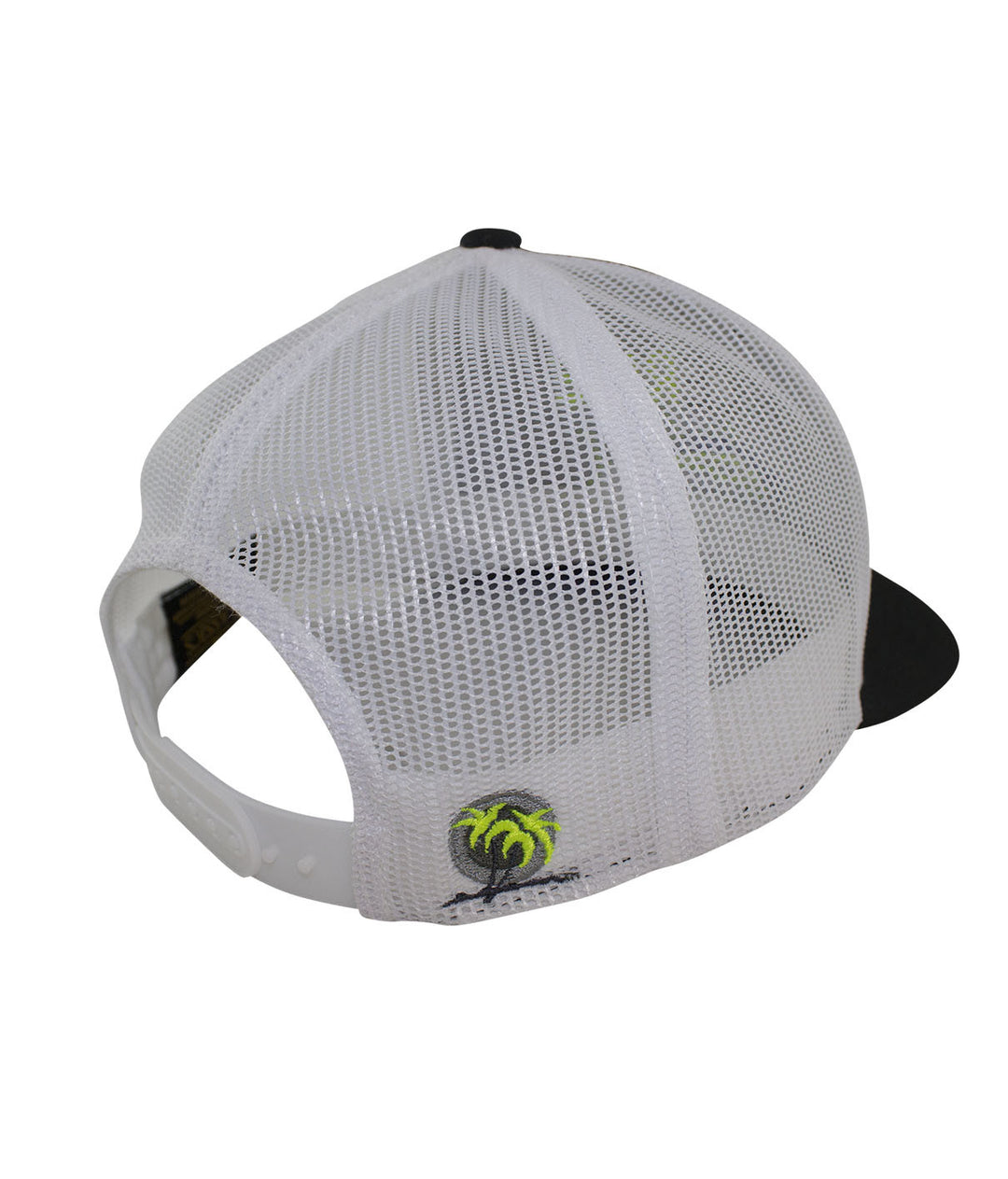 Back view of Sorry Charlie Retro Trucker Baseball Cap showcasing the blacked out palm logo and mesh design.