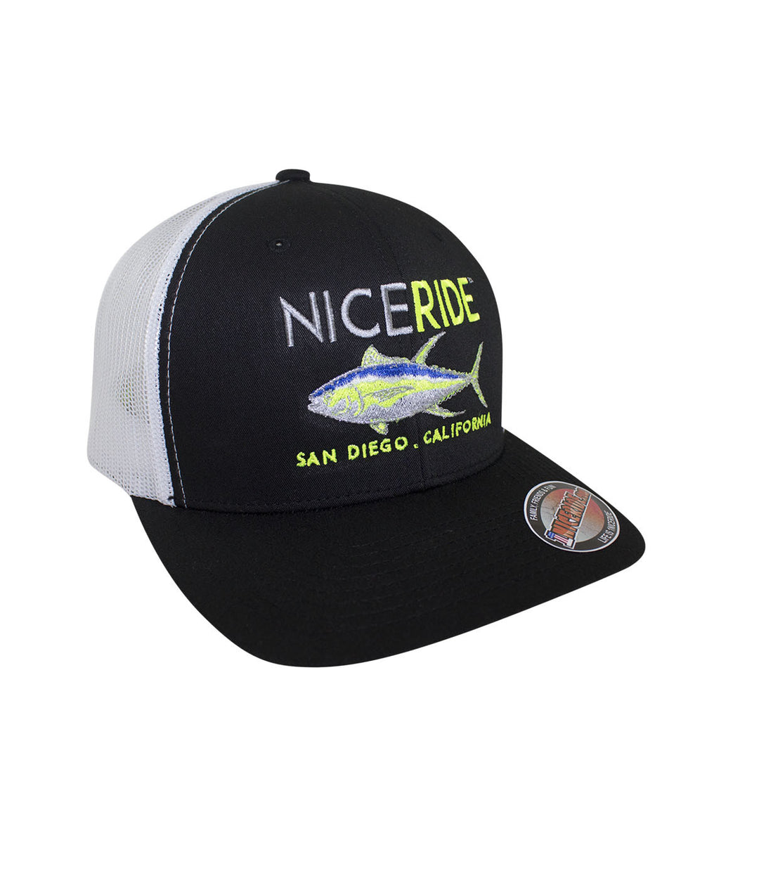 Hat featuring NICERIDE design with embroidered fish, in classic black and white trucker style.