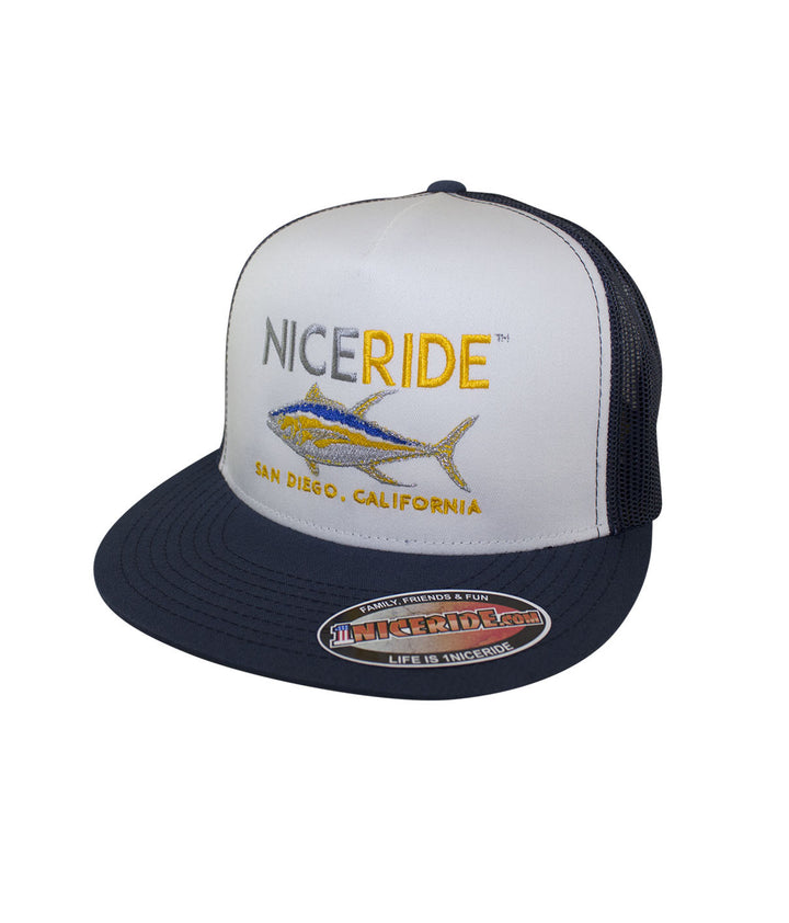 NICERIDE hat featuring San Diego, California, with a vibrant embroidered fish design on a classic trucker style.