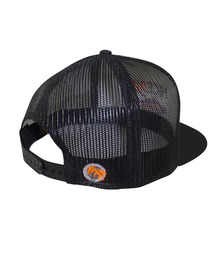 Back view of a black mesh snapback hat with classic palm logo, perfect for stylish outdoor wear.