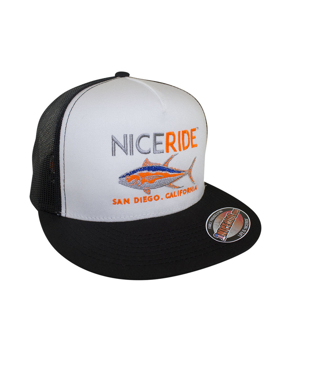 Niceride trucker hat featuring embroidered logo and fish design, perfect for outdoor enthusiasts. Classic snapback style hat.