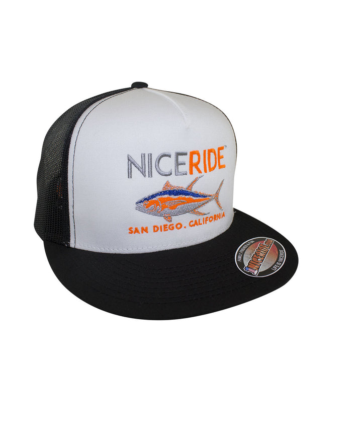 Niceride trucker hat featuring embroidered logo and fish design, perfect for outdoor enthusiasts. Classic snapback style hat.