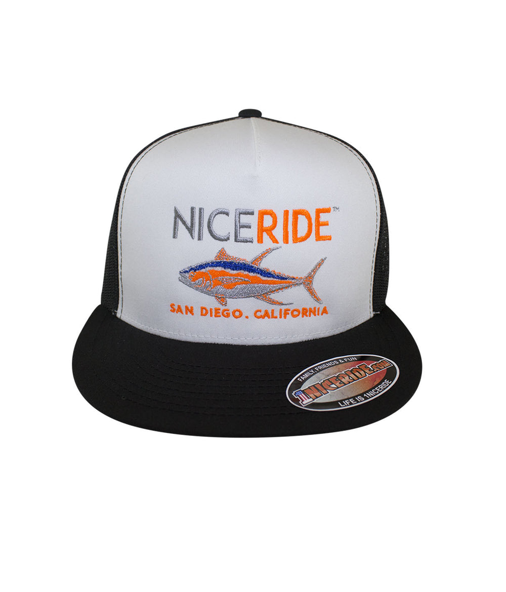 NiceRide snapback trucker hat featuring a colorful fish design and California text, perfect hat for casual wear.