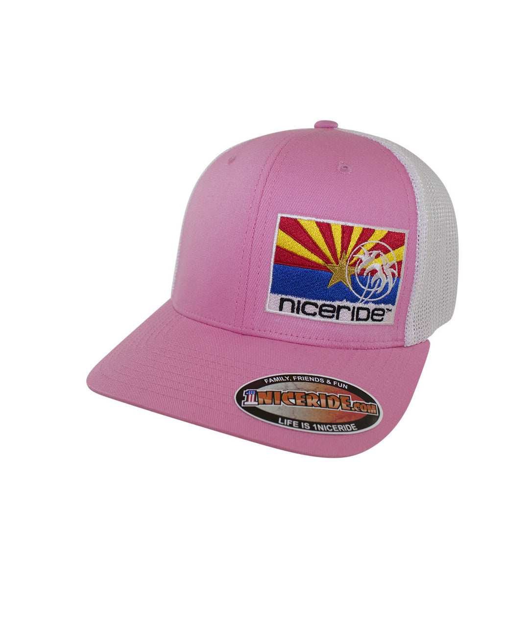 Arizona Flag Meshback Flexfit Hat in pink with NICERIDE logo and palm design.