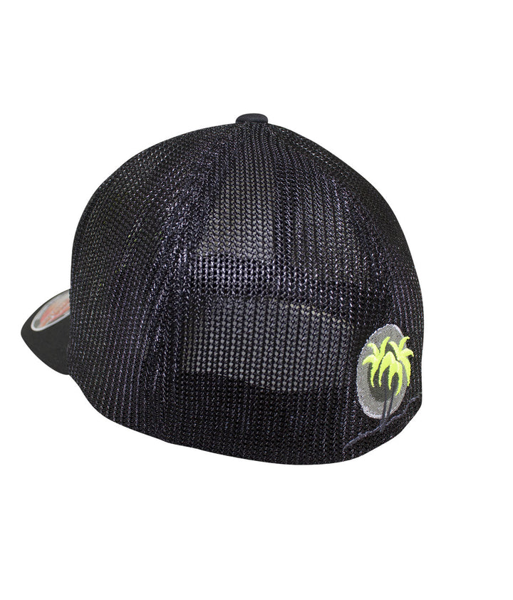 Back view of a Sorry Charlie Meshback Flexfit Hat showing embroidered palm logo on a black mesh design.