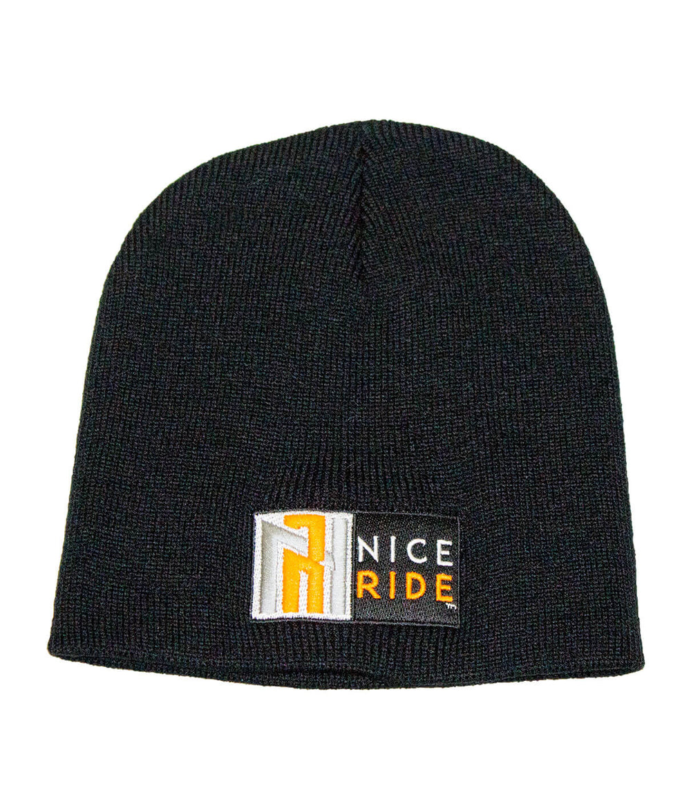 Black beanie with NICERIDE logo embroidered in orange and white, perfect for style and warmth.