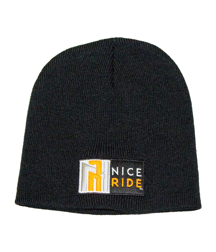 Black beanie with NICERIDE logo embroidered in orange and white, perfect for style and warmth.