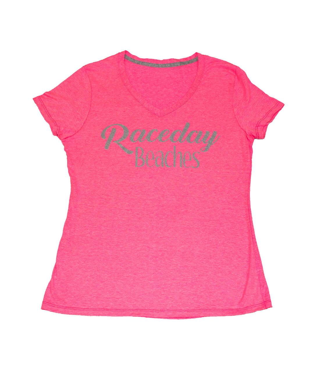 Raceday Beaches V-Neck shirt in pink with a stylish design, soft fabric, and comfortable fit.