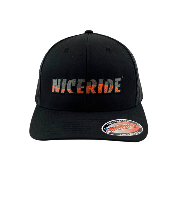 Tornado Retro Trucker Hat with NICERIDE logo on a black baseball cap, designed and embroidered in the USA.