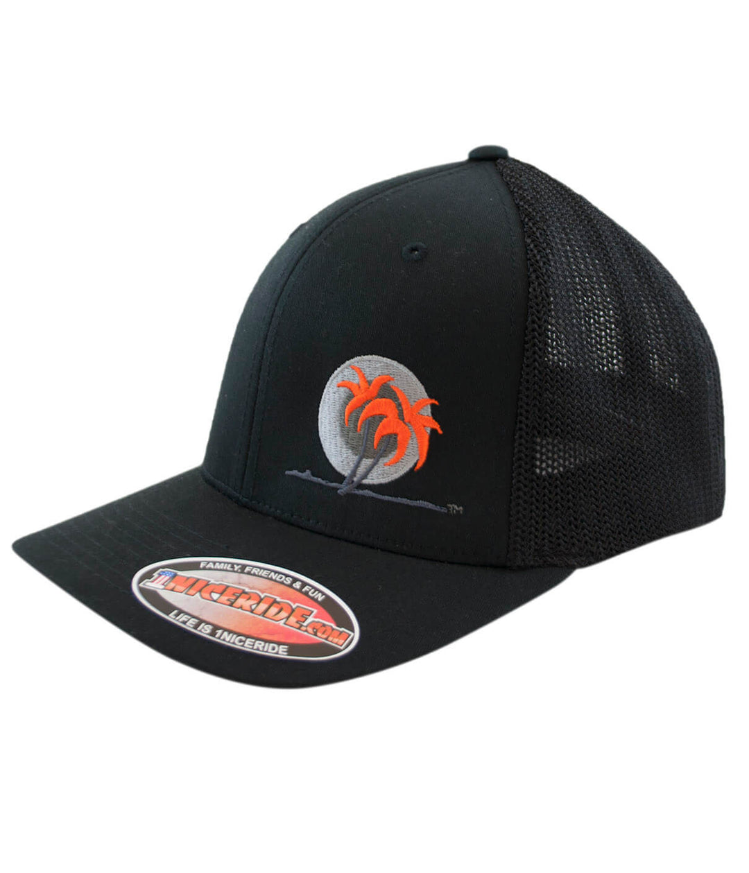Black MOTO 1 Meshback Flexfit Hat with palm tree design and NICERIDE embroidery, perfect for outdoor activities.