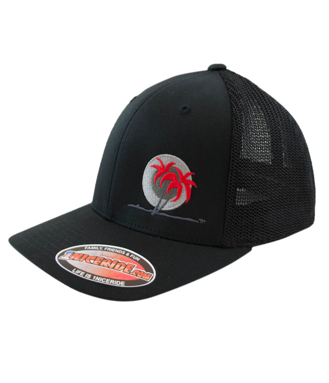 MOTO 1 Meshback Flexfit Hat featuring NICERIDE design and palm tree motif, ideal for outdoor sports.