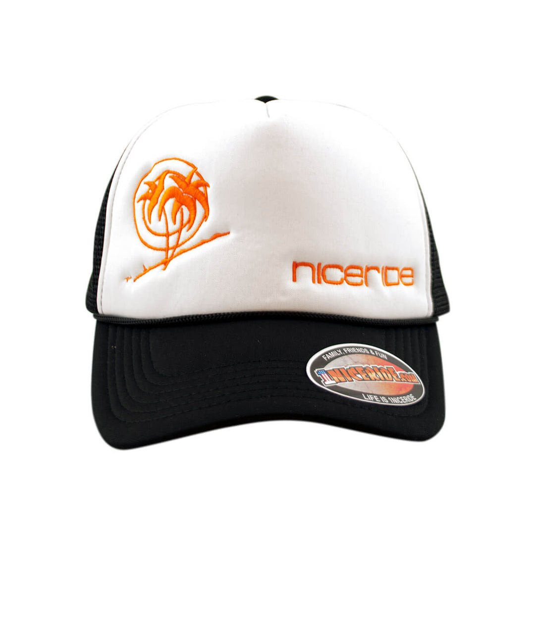 Spring Break Foam Trucker hat featuring palm logo and NICERIDE embroidered on front.