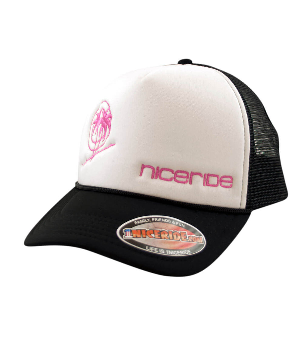 Spring Break Foam Trucker hat featuring NICERIDE's stenciled palm logo and bold logo embroidered.