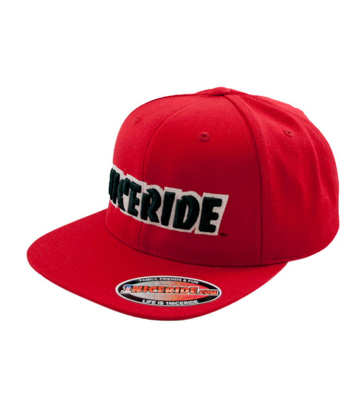Red classic snapback hat featuring NICERIDE&