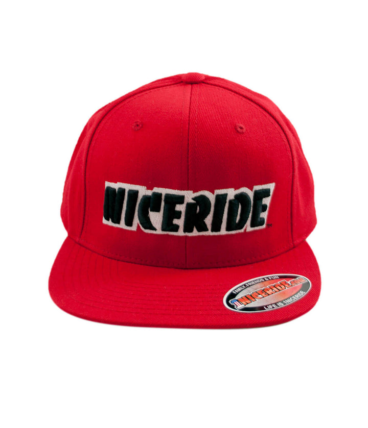 Red snapback hat with NICERIDE embroidered logo, perfect for stylish casual wear.