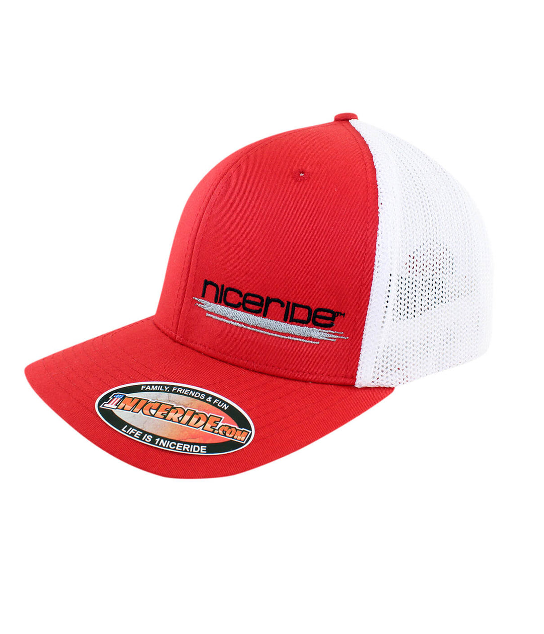 Sunrise Meshback Flexfit Hat with NICERIDE logo in red and white design.