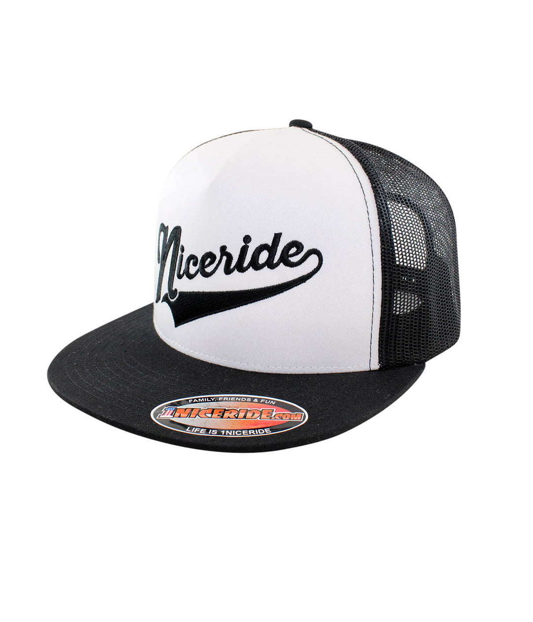 Play Ball Trucker Baseball Cap by NICERIDE, classic snapback hat with black and white design.