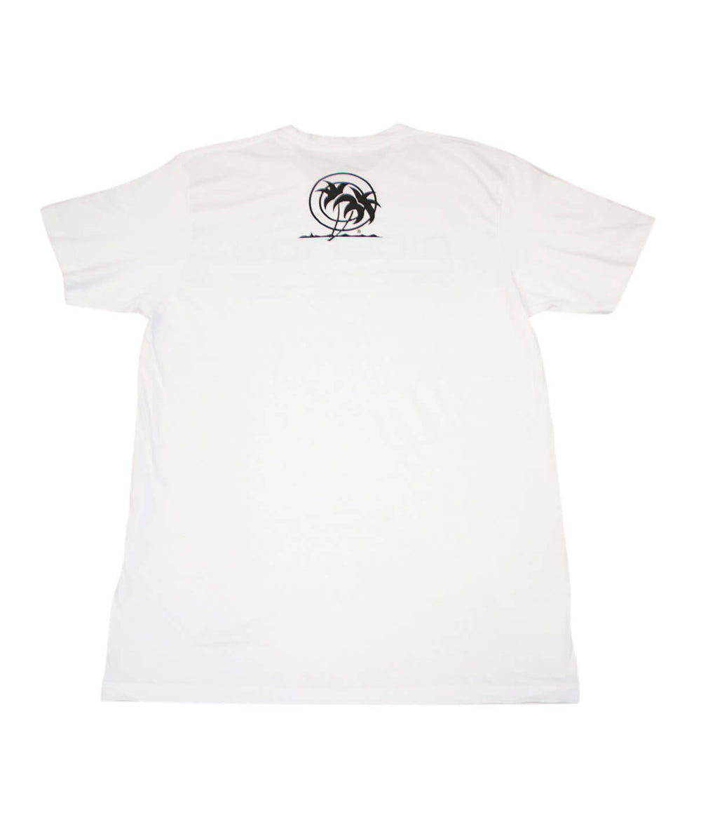 Back view of white NICERIDE men's short sleeve T-Shirt featuring a black palm logo, designed for outdoor occasions.