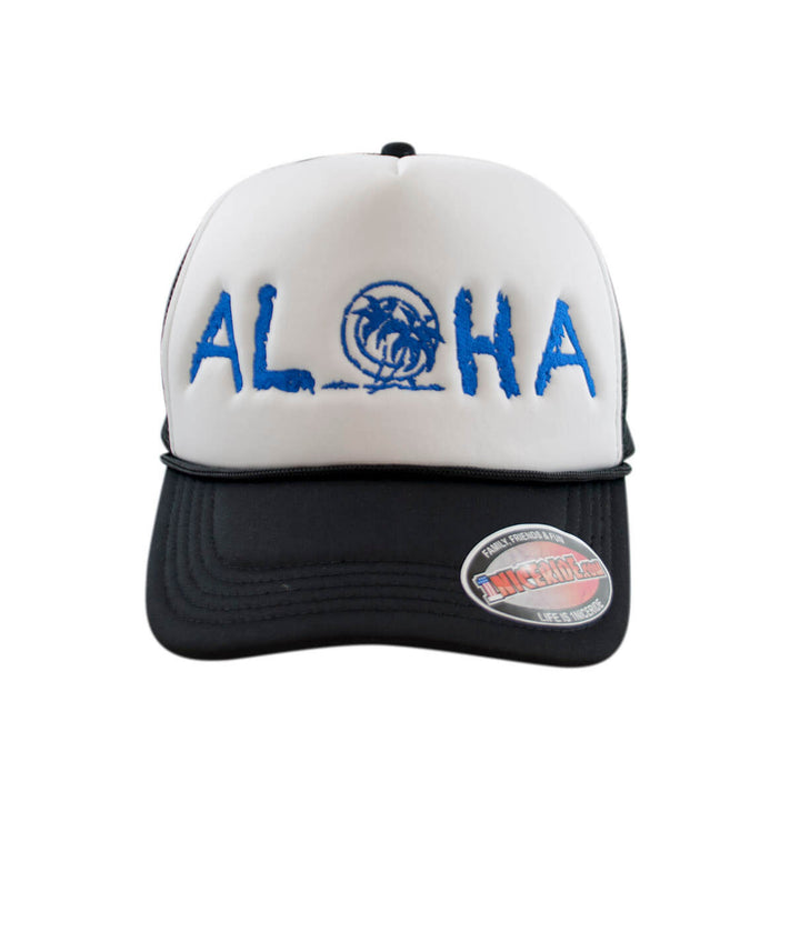 Maui Foam Trucker Cap featuring "Aloha" palm logo, NICERIDE embroidered, showcasing a stylish hat design.