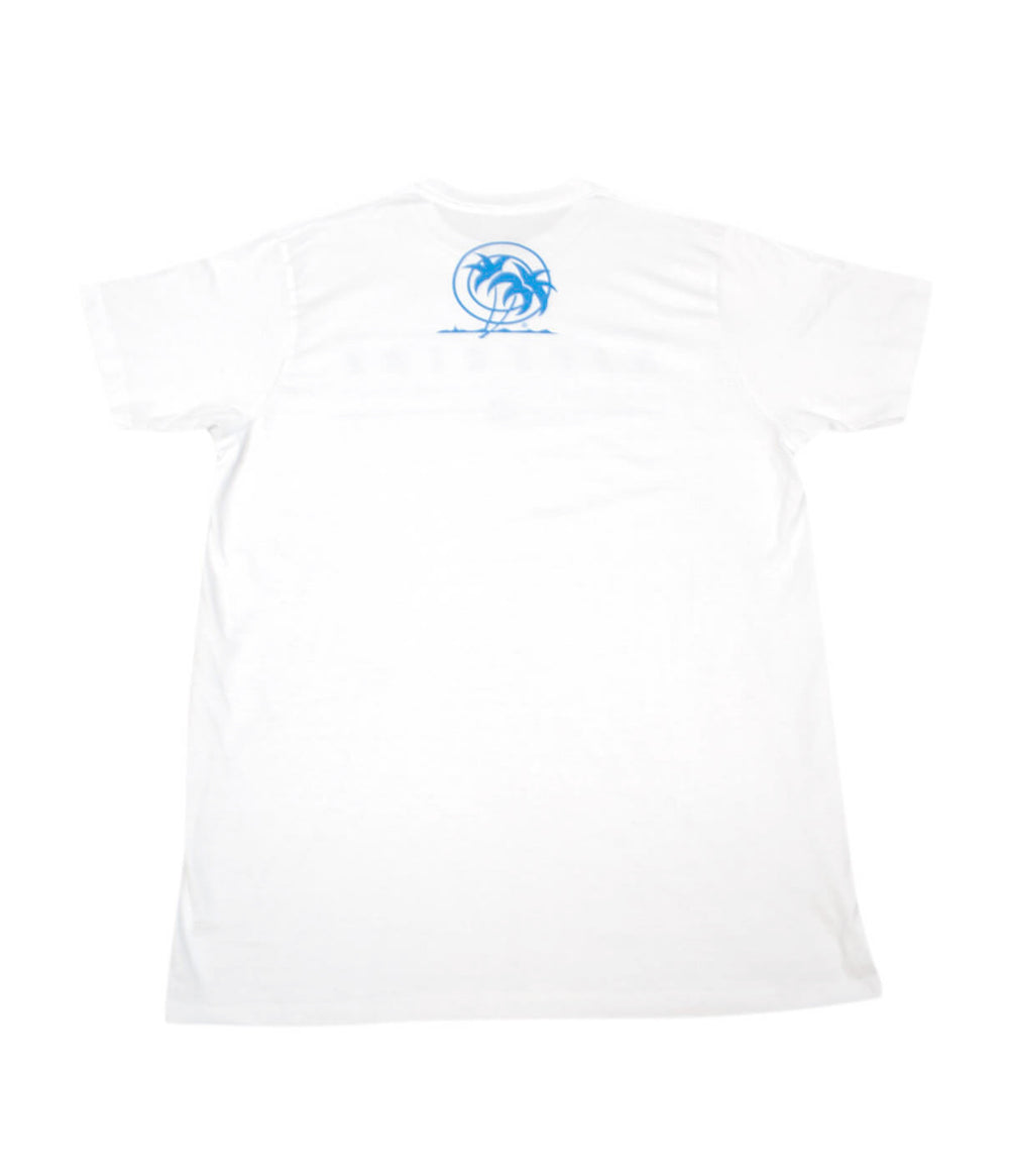 Men's 100% cotton white shirt featuring blue "Pipe" palm logo on the center rear yoke.