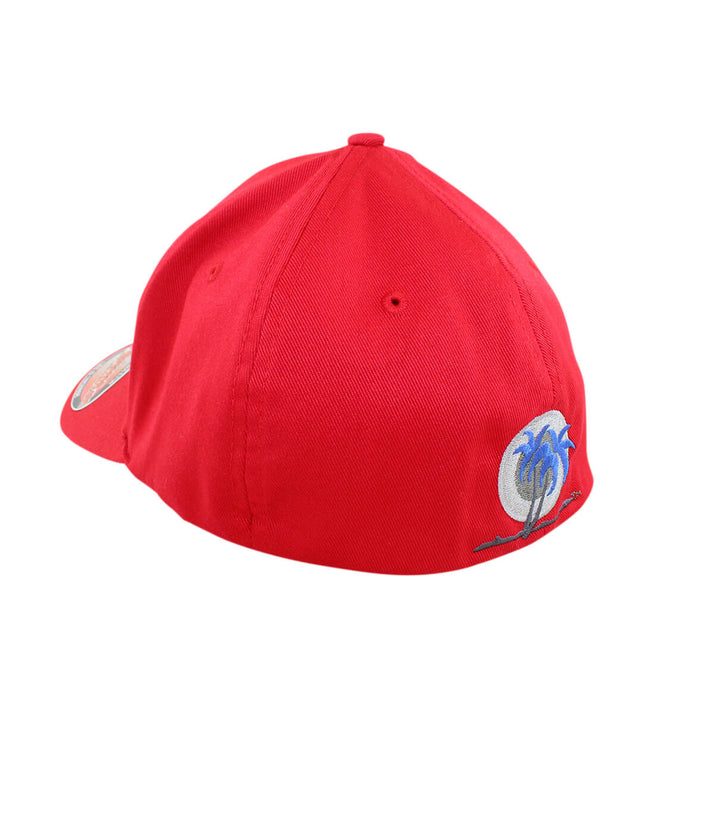 Back view of a red hat with palm logo and classic design, perfect for sunny days.