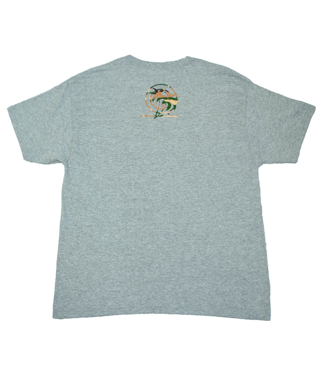 Back view of "Open Season" shirt featuring NICERIDE camo palm logo on a gray short sleeve t-shirt.