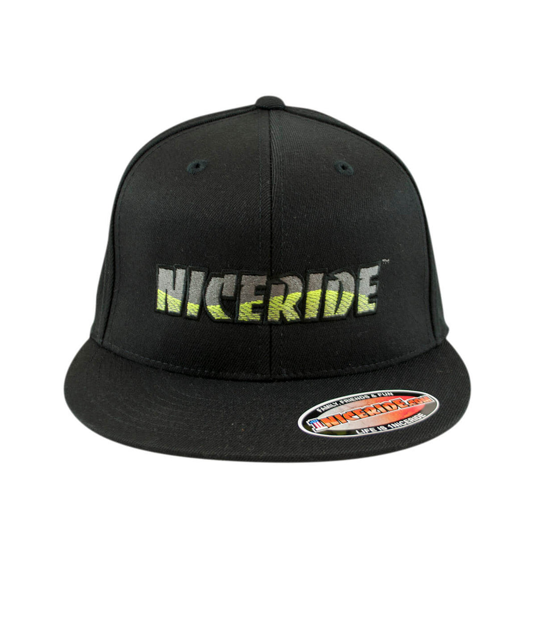 NICERIDE logo embroidered on a black fitted hat viewed from the front.