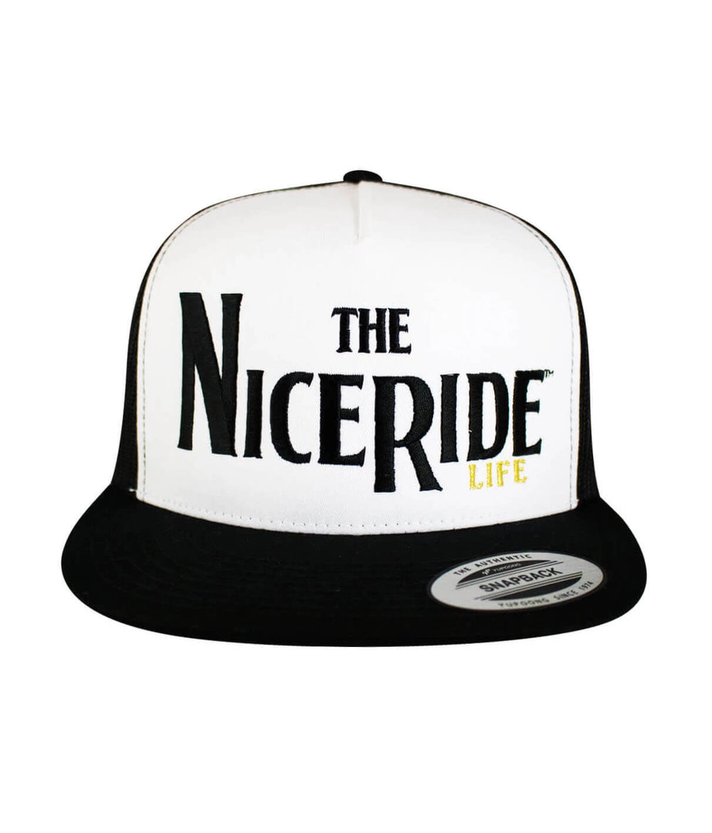 Godfather Trucker Hat by NICERIDE, embroidered design, classic snapback style hat, black and white color
