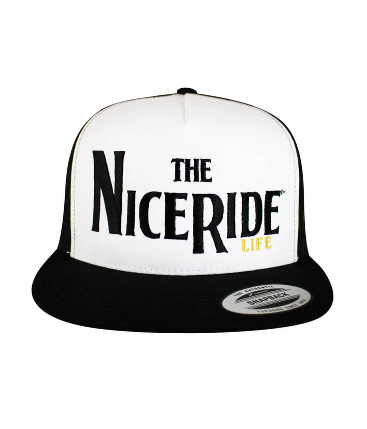 Godfather Trucker Hat by NICERIDE, embroidered design, classic snapback style hat, black and white color