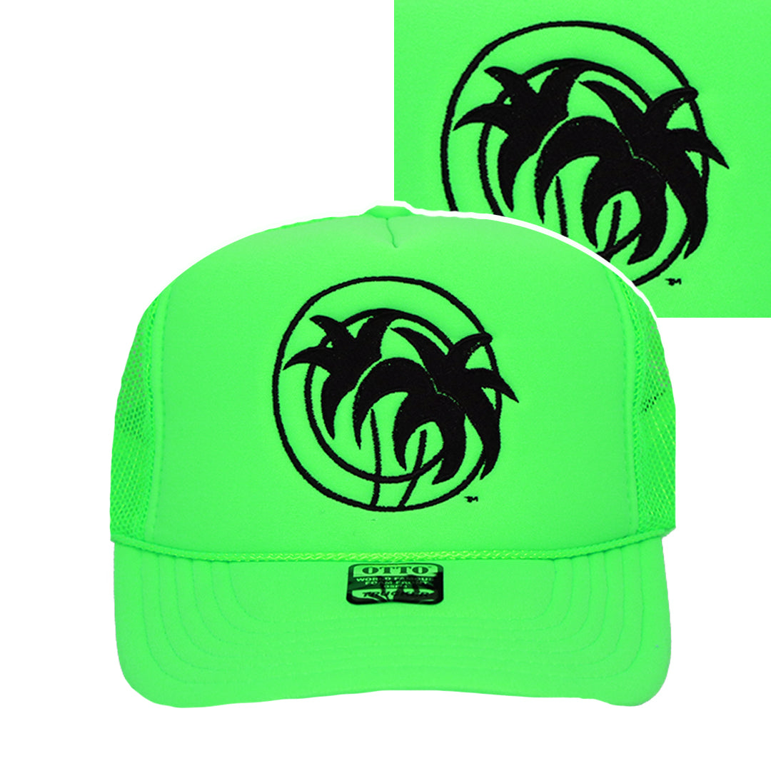 Hot Foam Foam Trucker Hat in vibrant green with embroidered palm logo on front panel, ideal hat for casual wear.