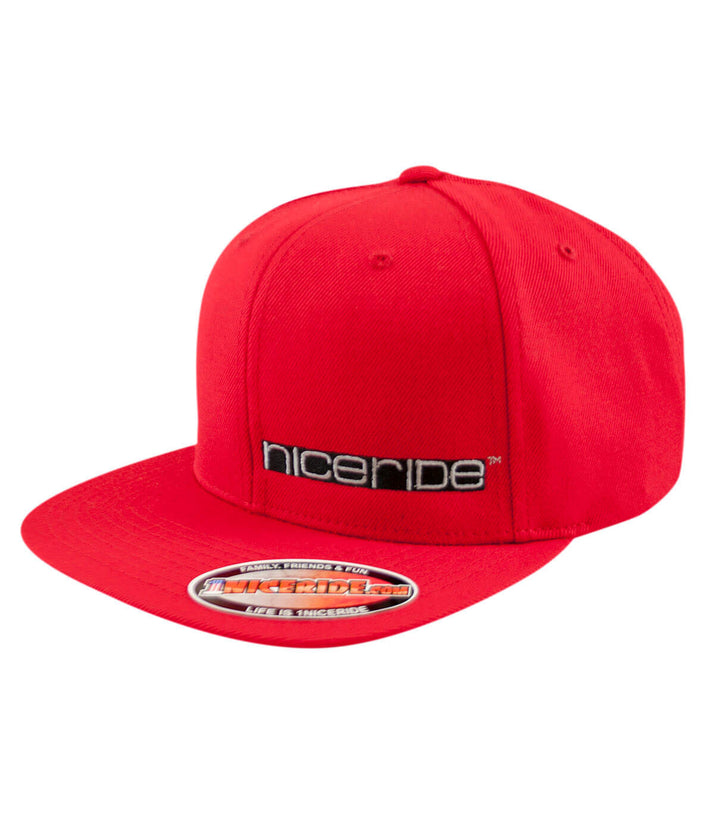 Red snapback hat featuring NICERIDE&