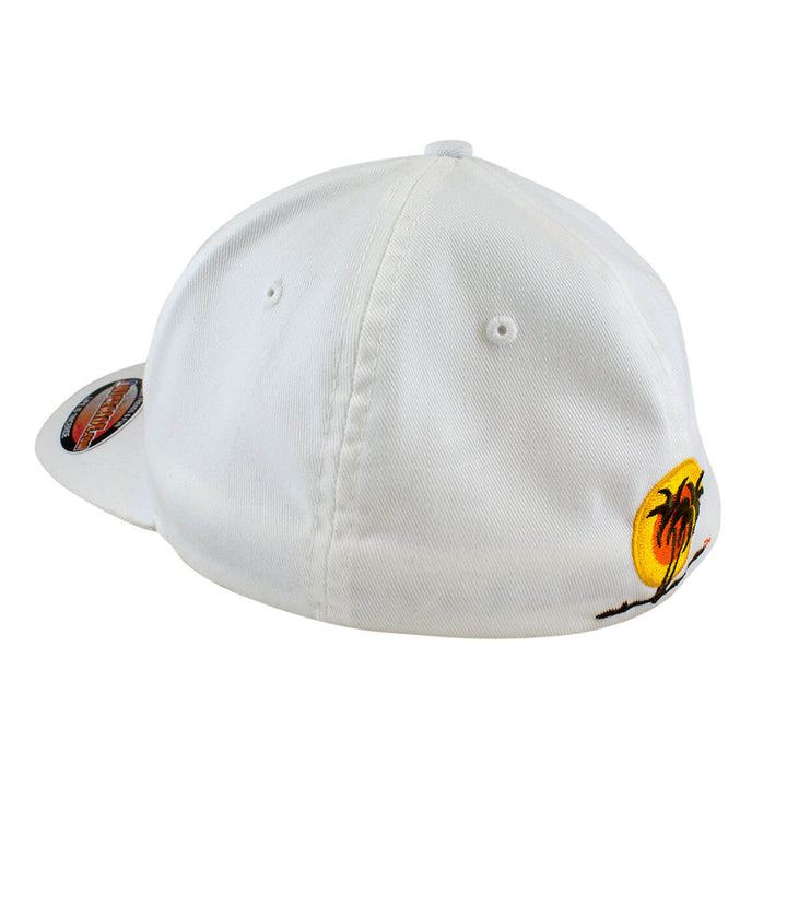 Back view of the Sunrise Classic Flexfit Hat featuring palm logo and sunset embroidery.