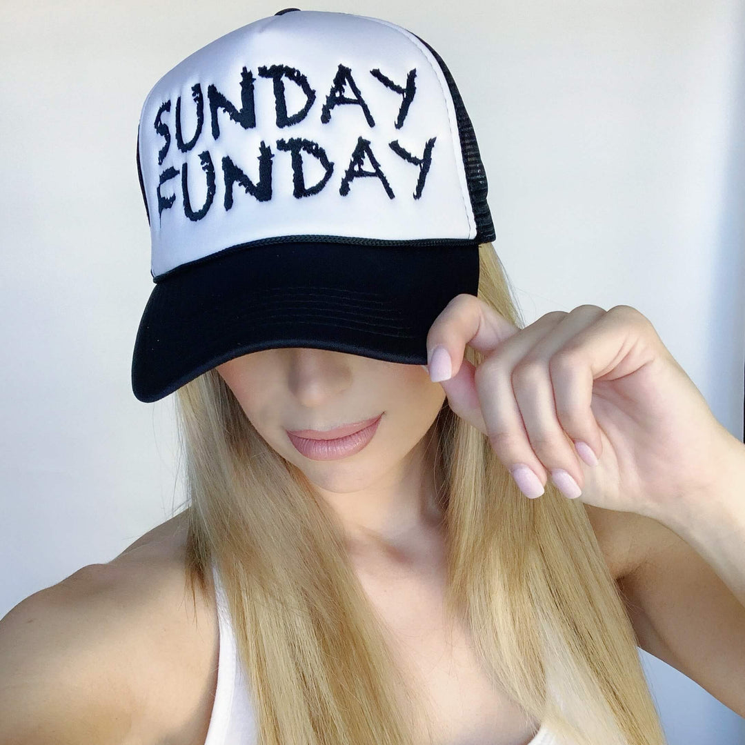 Sunday Funday Foam Trucker Hat featuring embroidered text, perfect for relaxed and fun summer outings.