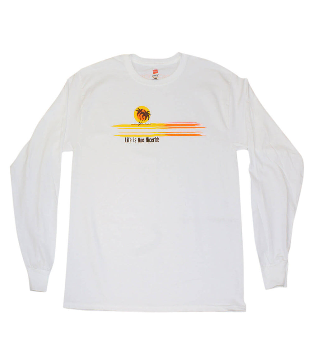 Sunset - Men's White Hanes Pre-Shrunk 100% Cotton Long Sleeve Shirt with 'Life Is One Nice Ride' design