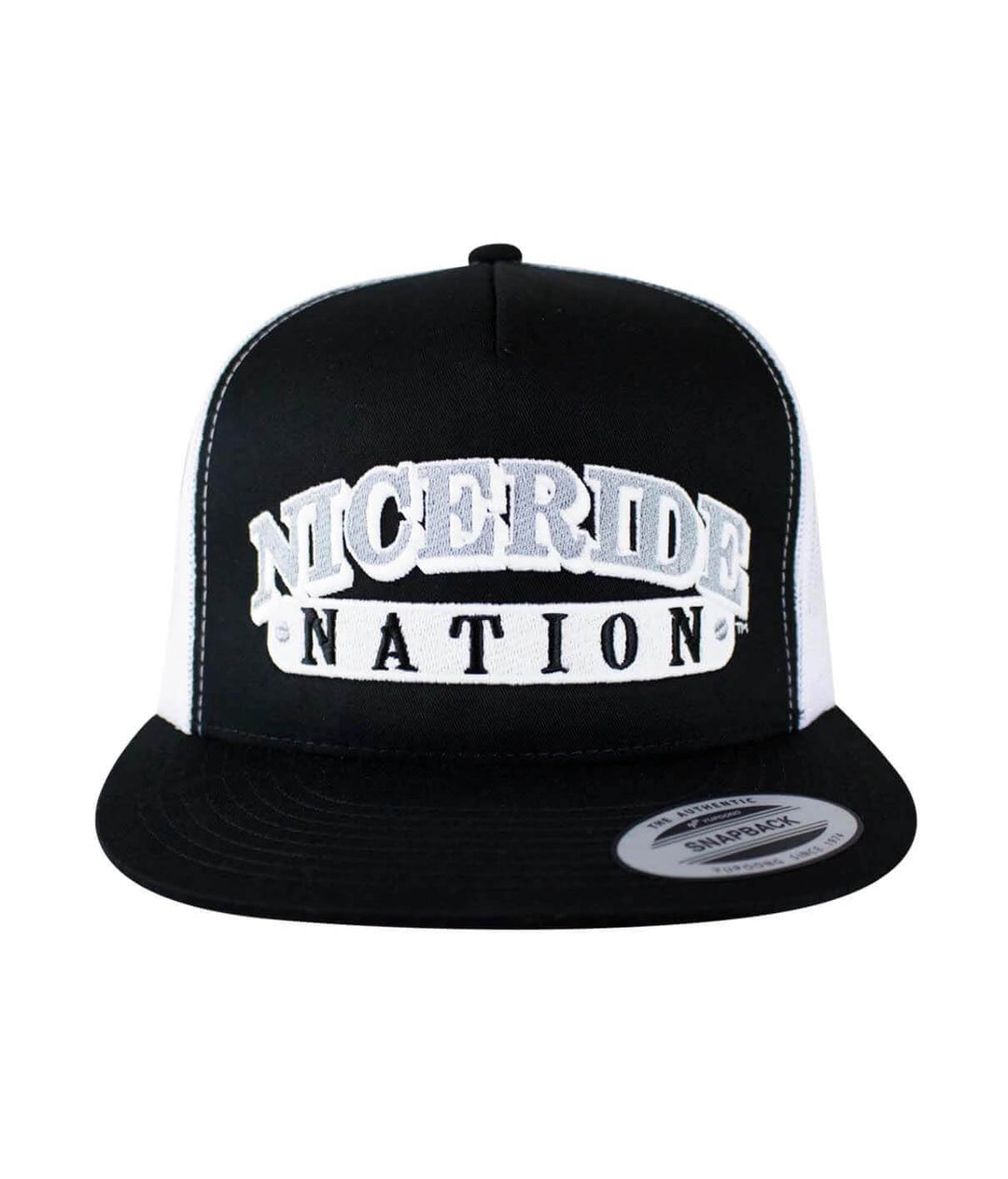 The Junction trucker hat featuring NICERIDE logo, a classic snapback design, and black and white color scheme.