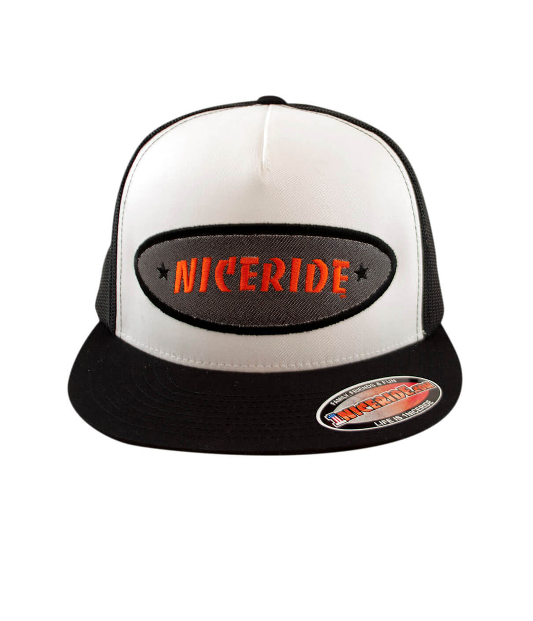 Shield - Charcoal/Orange Trucker Hat featuring NICERIDE embroidered design on front panel.