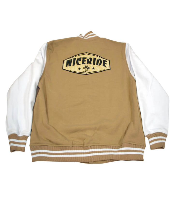 Back view of the NICERIDE Grease Lightning jacket with logo on a varsity style design.