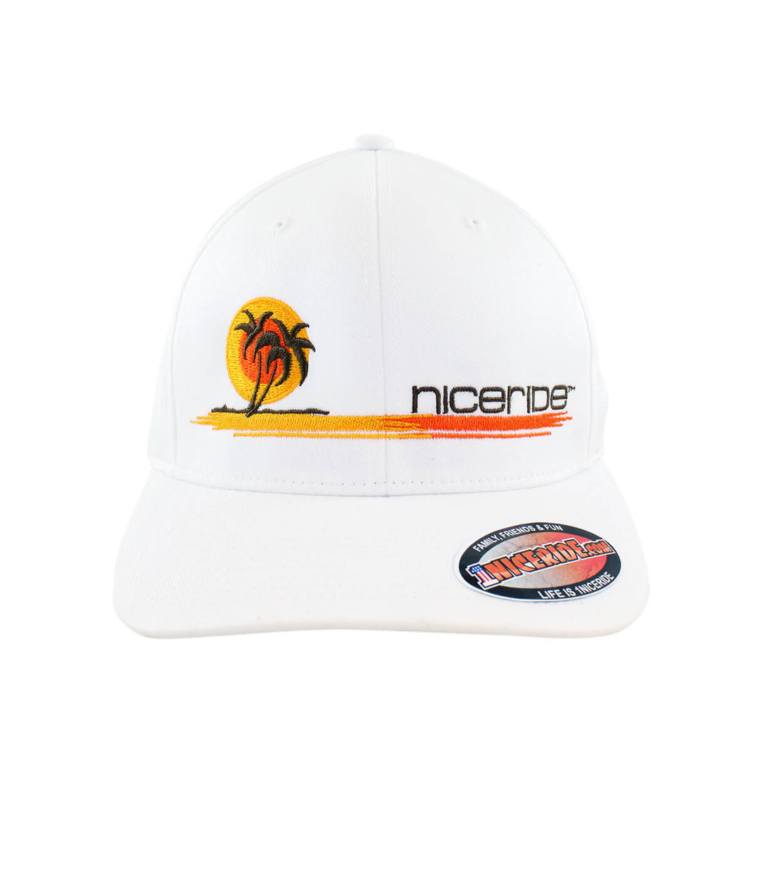 Sunset Classic Flexfit Hat featuring palm logo and sunset design, perfect stylish accessory for any outdoor adventure.