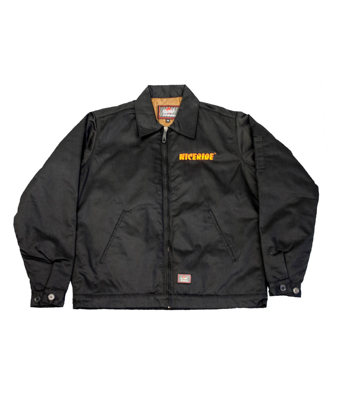 One NICERIDE jacket, a black canvas zip-up with embroidered details, fully lined and insulated.