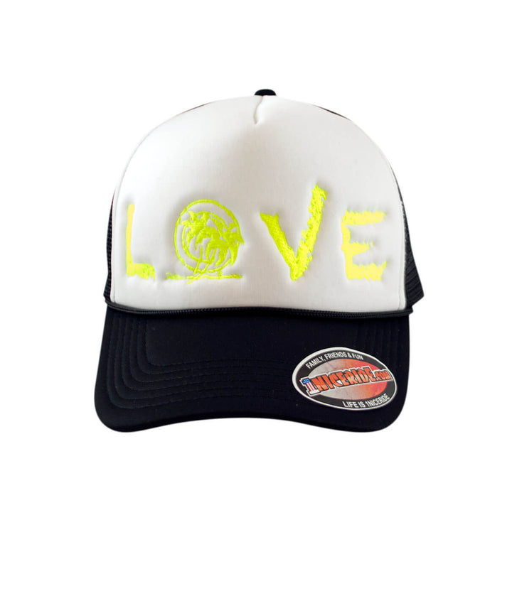 LOVE Foam Trucker Cap, classic hat with palm logo, designed and embroidered in the United States.