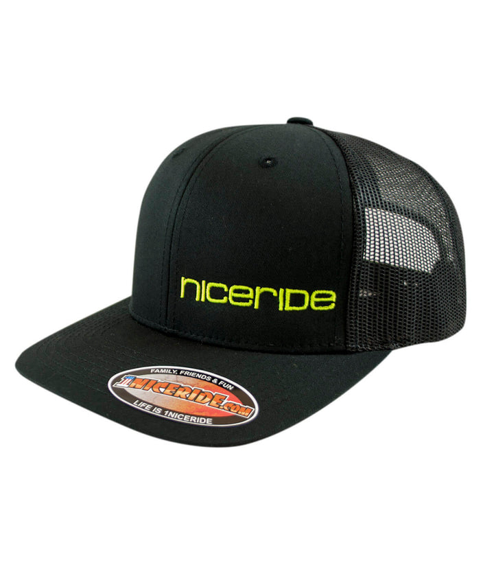 Black Retro Trucker Hat with NICERIDE logo embroidered, perfect for stylish outdoor wear, featuring cap design.
