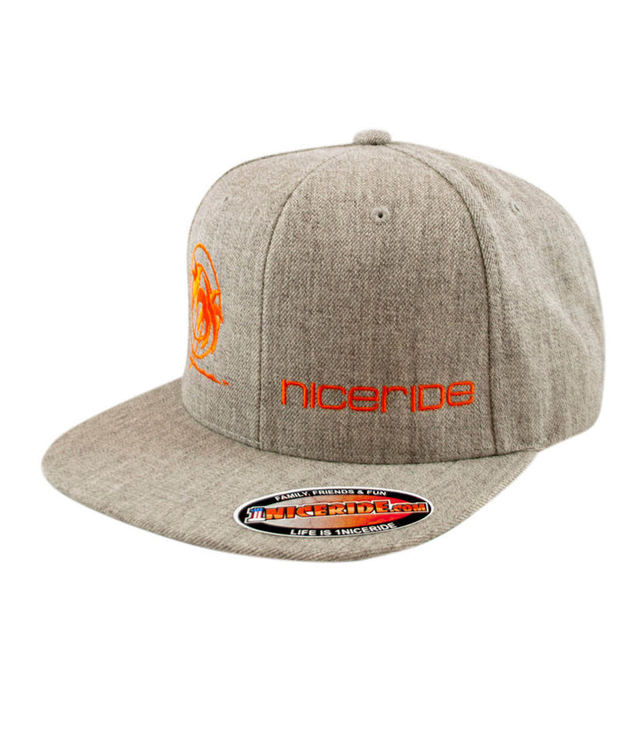 Palm Tower Heather Grey Snapback Hat, a classic hat with NICERIDE logo, designed and embroidered in the USA.