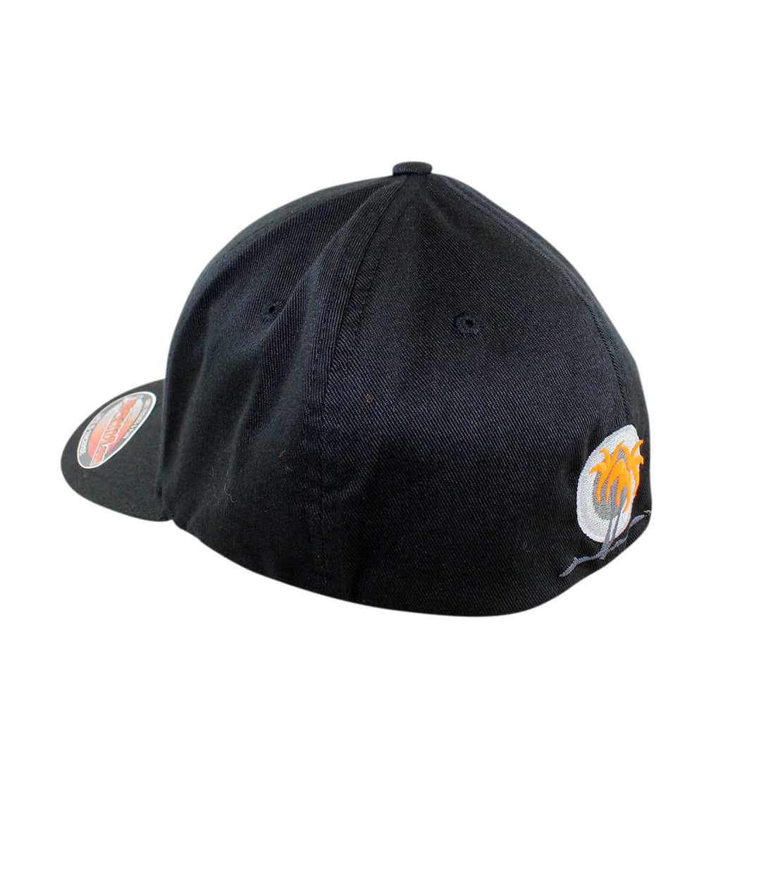Back view of the Hang 20 - Neon Orange Classic Flexfit hat showcasing black fabric and palm logo embroidered.