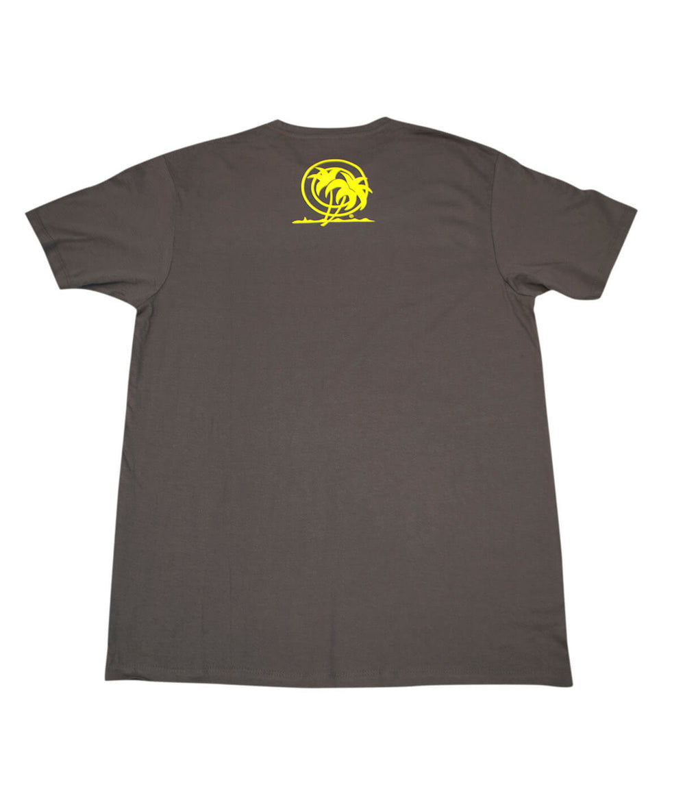 On The Water NICERIDE Men's charcoal t-shirt back view with yellow palm logo on center rear yoke.