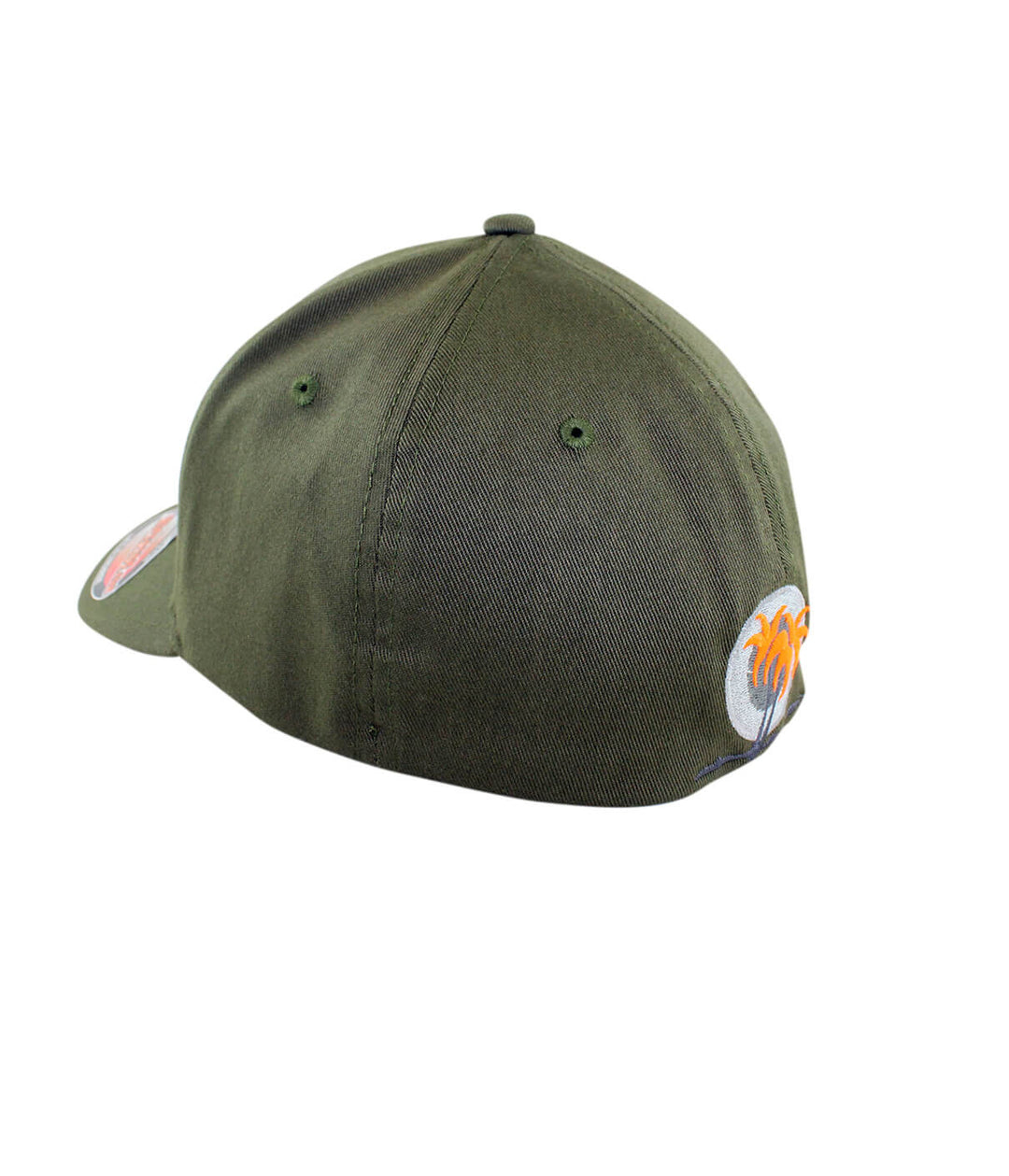 Back view of a green baseball cap featuring embroidered palm logo in neon orange on the side, showcasing quality craftsmanship.