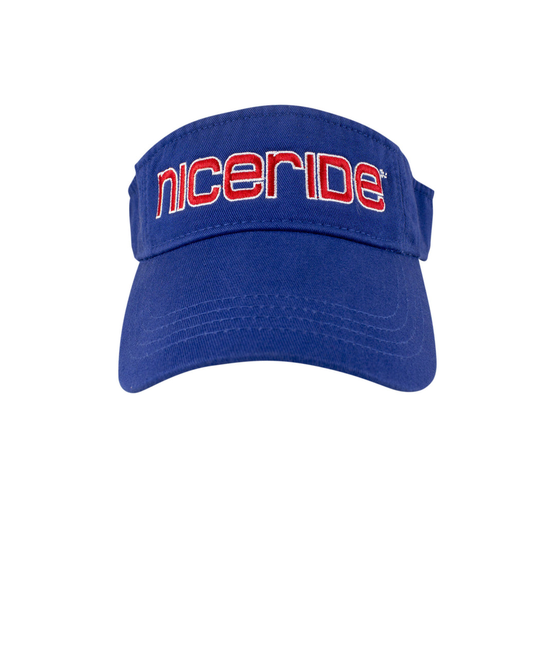 Bold Tower visor with velcro enclosure and NICERIDE logo embroidered in red and blue.