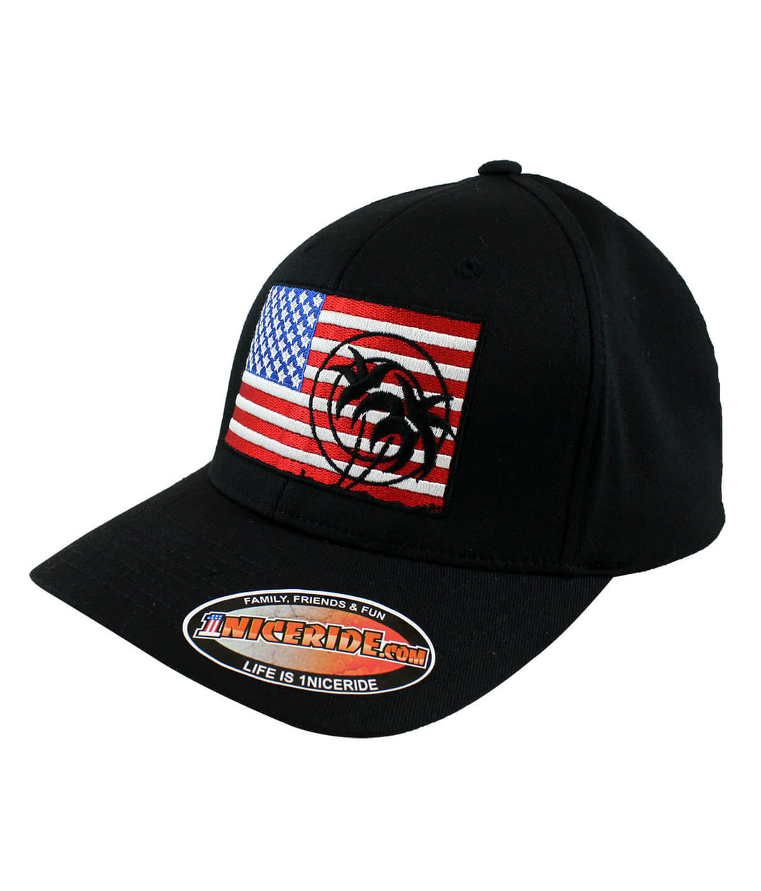 Pride Classic Flexfit Hat featuring American flag and NICERIDE logo, perfect for displaying your pride.